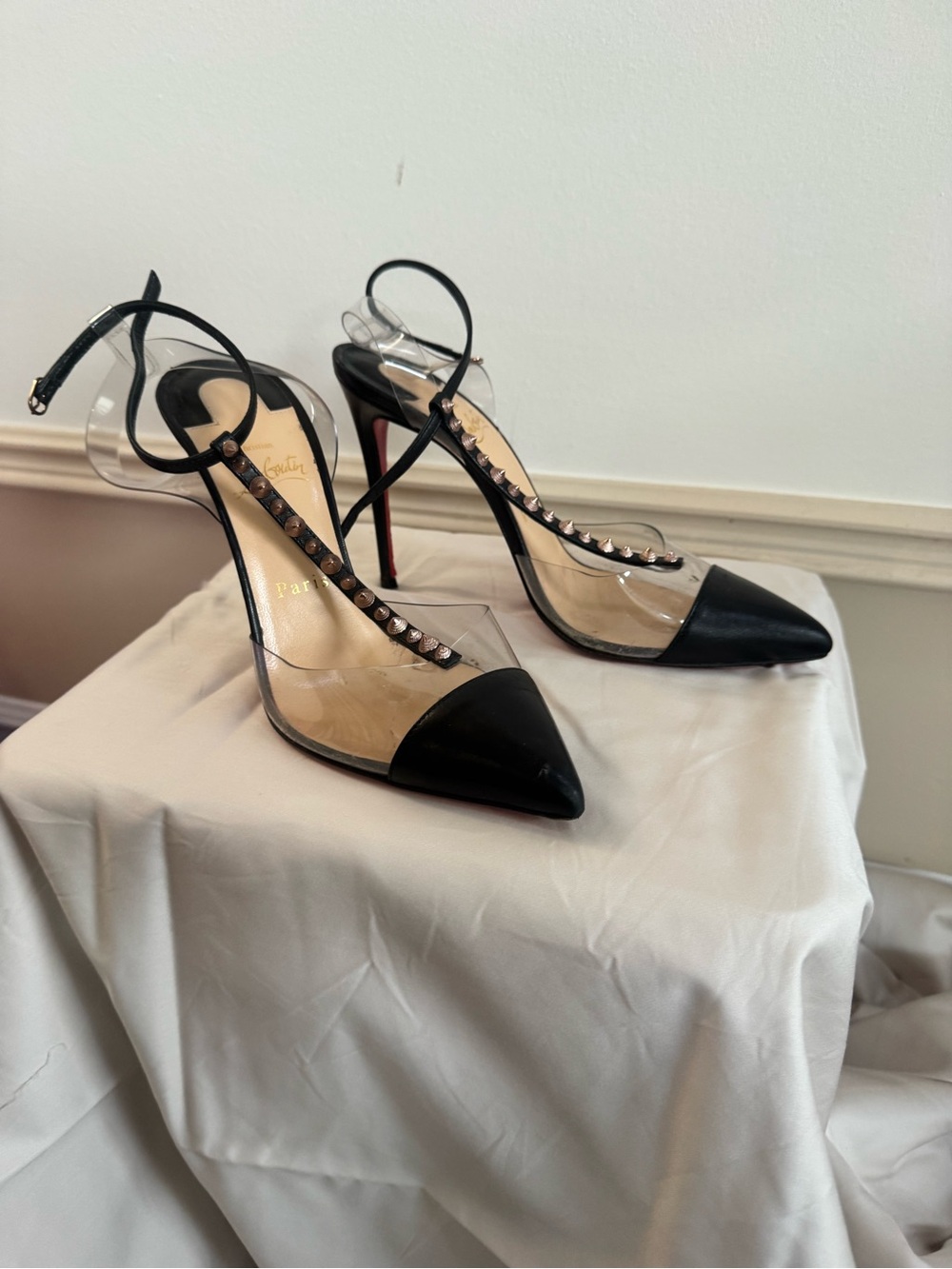 Christian Louboutin Black Pointed PVC T-Strap Studded Pumps